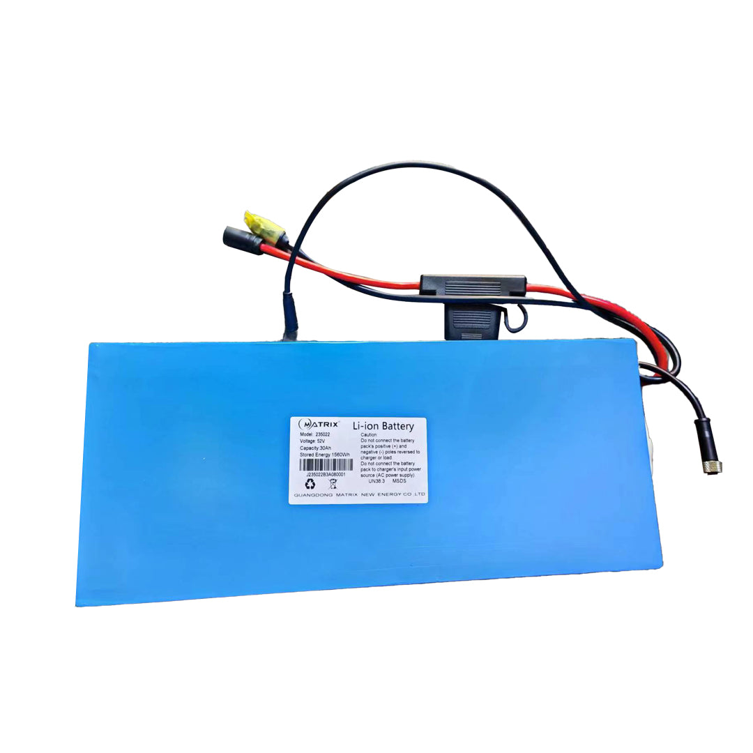 Blue lithium-ion battery with attached cables on a white background.