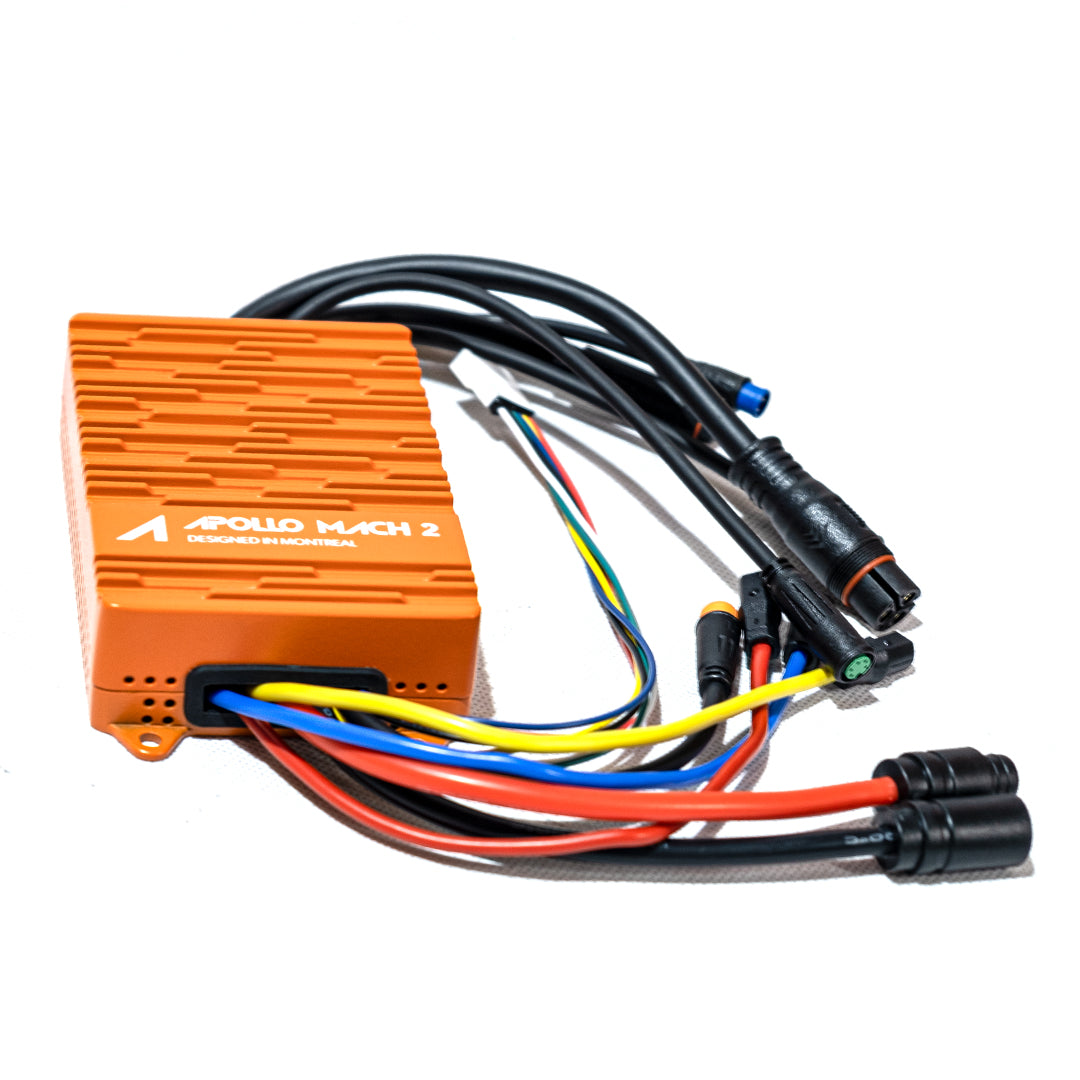 APOLLO MACH 2 orange controller connected with colored wires on white background.