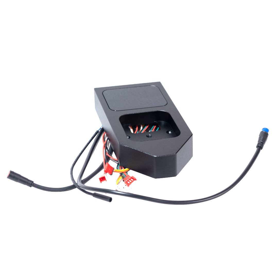 Black battery module with wires and connectors on a white background
