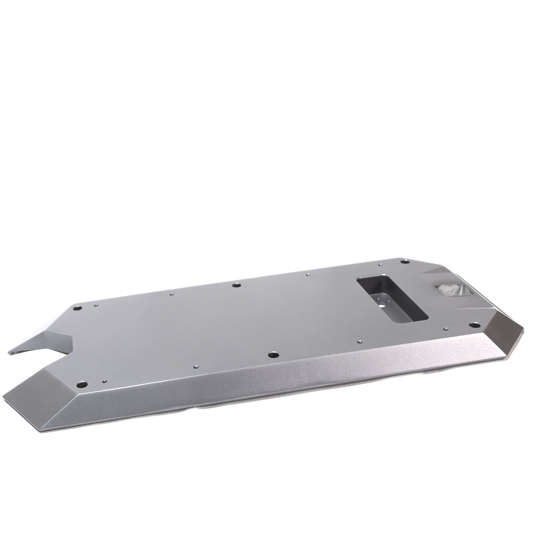 A silver metal bumper of ATV model displayed on white background with small holes