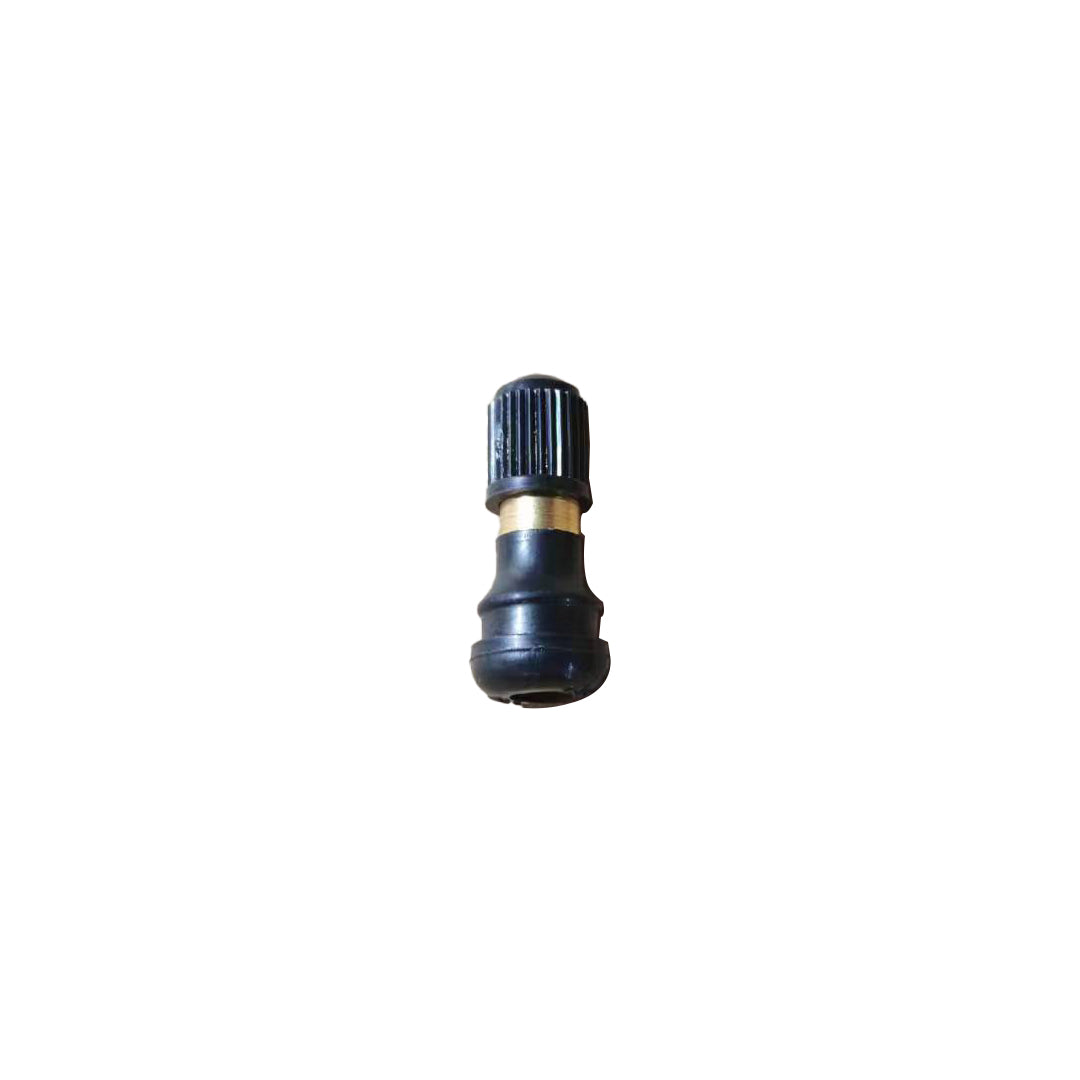 Black and gold tire valve connected to the valve cap on a white background