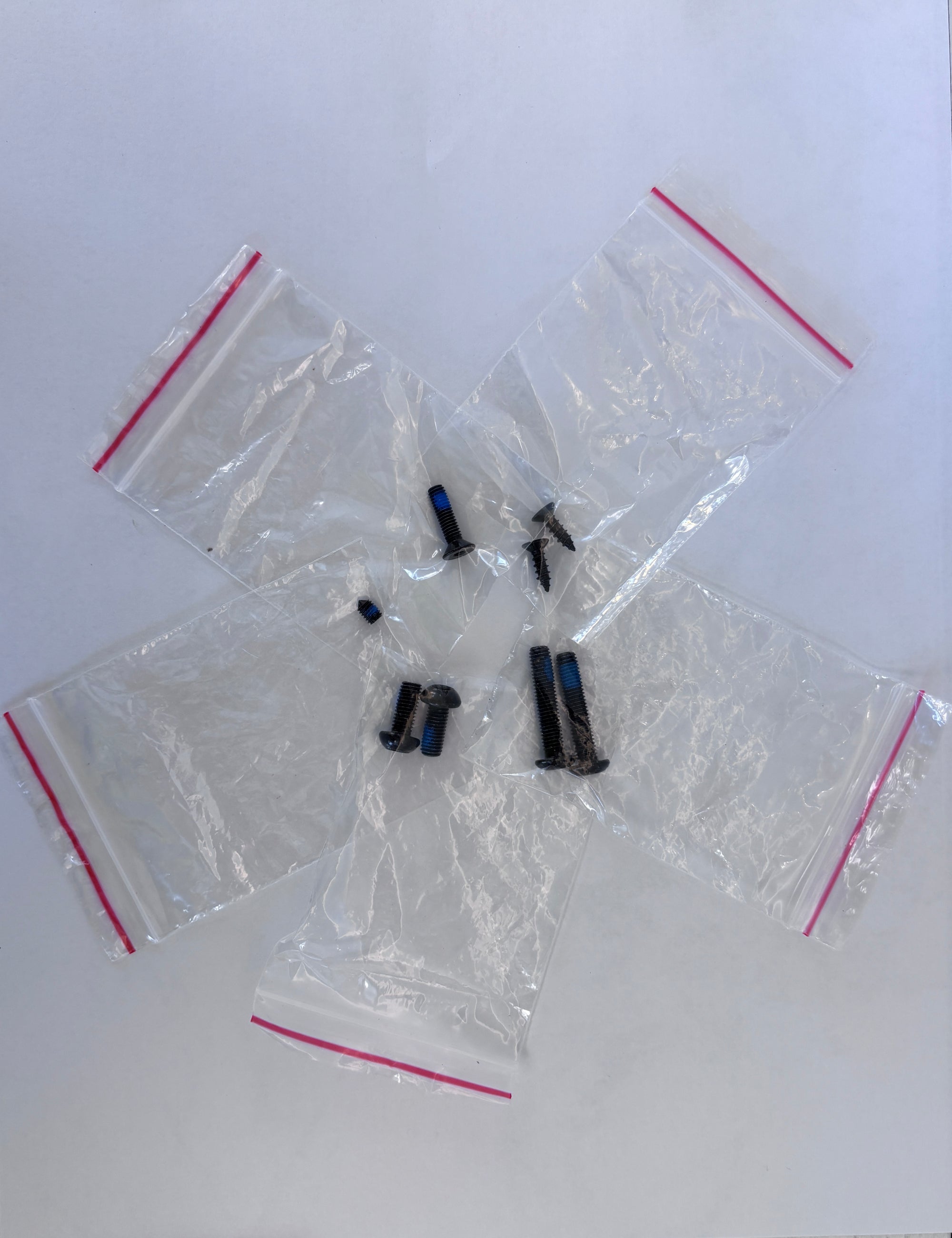 screws in clear plastic bags over a white surface