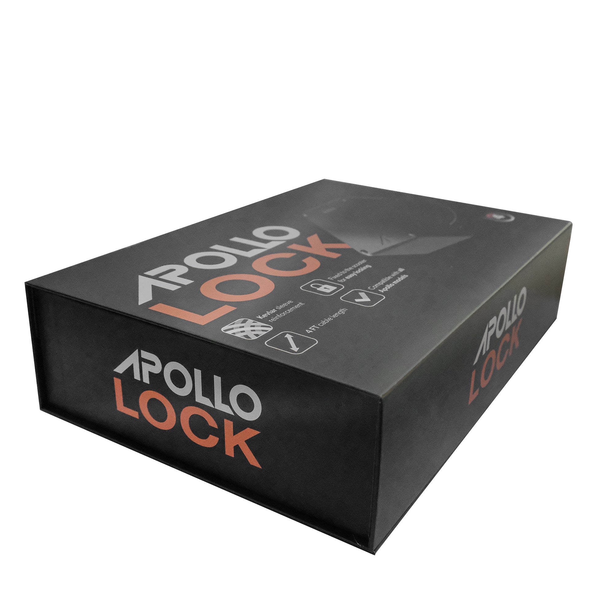Apollo Lock bicycle lock packaging box with black cover and white and orange text Apollo Lock and symbols