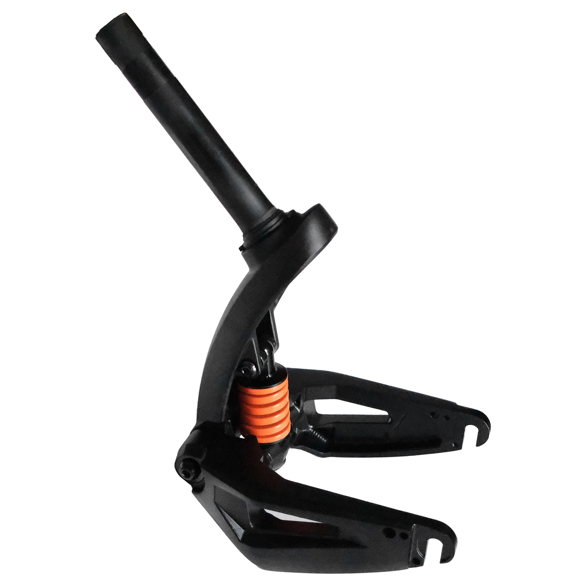 Black spring bike clamp device with yellow spring on white background.