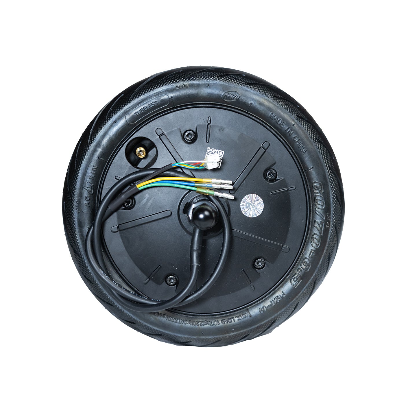 Black tire cover exposing motor components with multiple colored wires attached