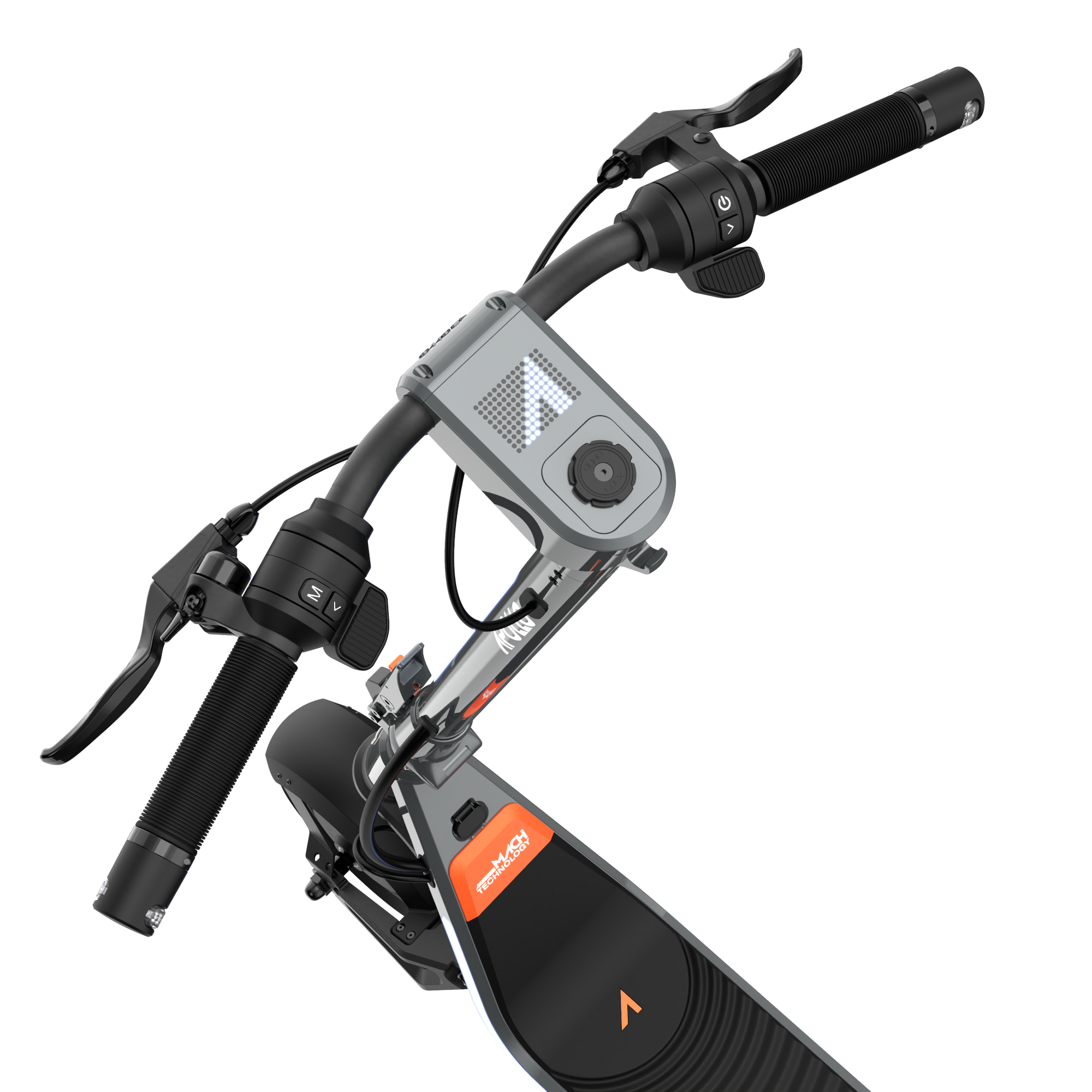A close-up of the Apollo City Stellar commuter scooter handle bars.