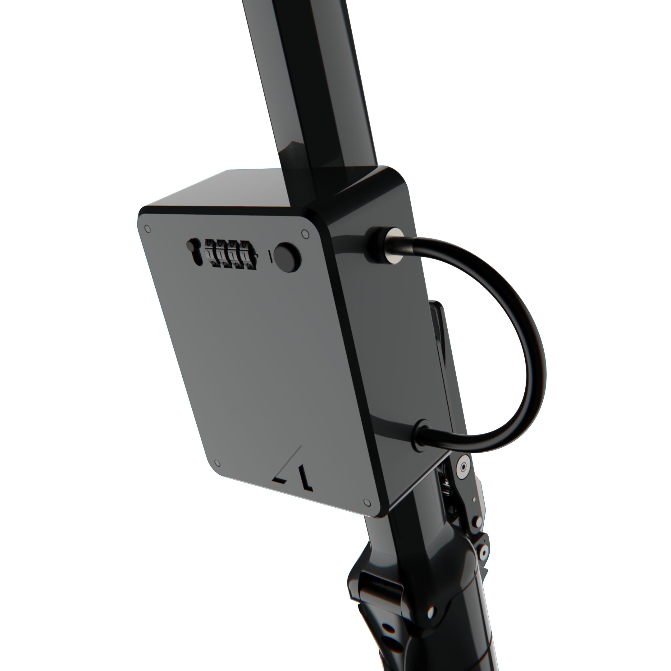 Close-up of bike lock device with combination dial on black background