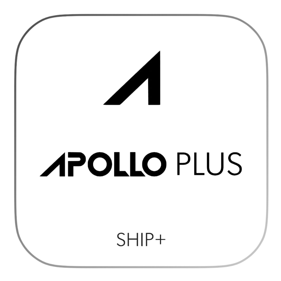 Apollo Plus Logo on black background, text reads Apollo Plus ship+ with A Apollo icon