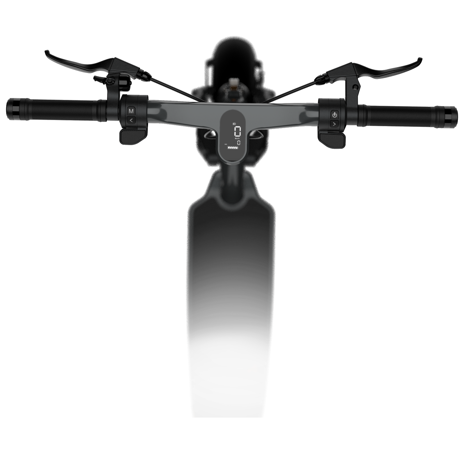Electric scooter handlebar front view with buttons, screen and headlights