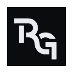 The RG logo, a white graphic on a black background, features bold letters with unique design elements, highlighting the brand's unique identity.