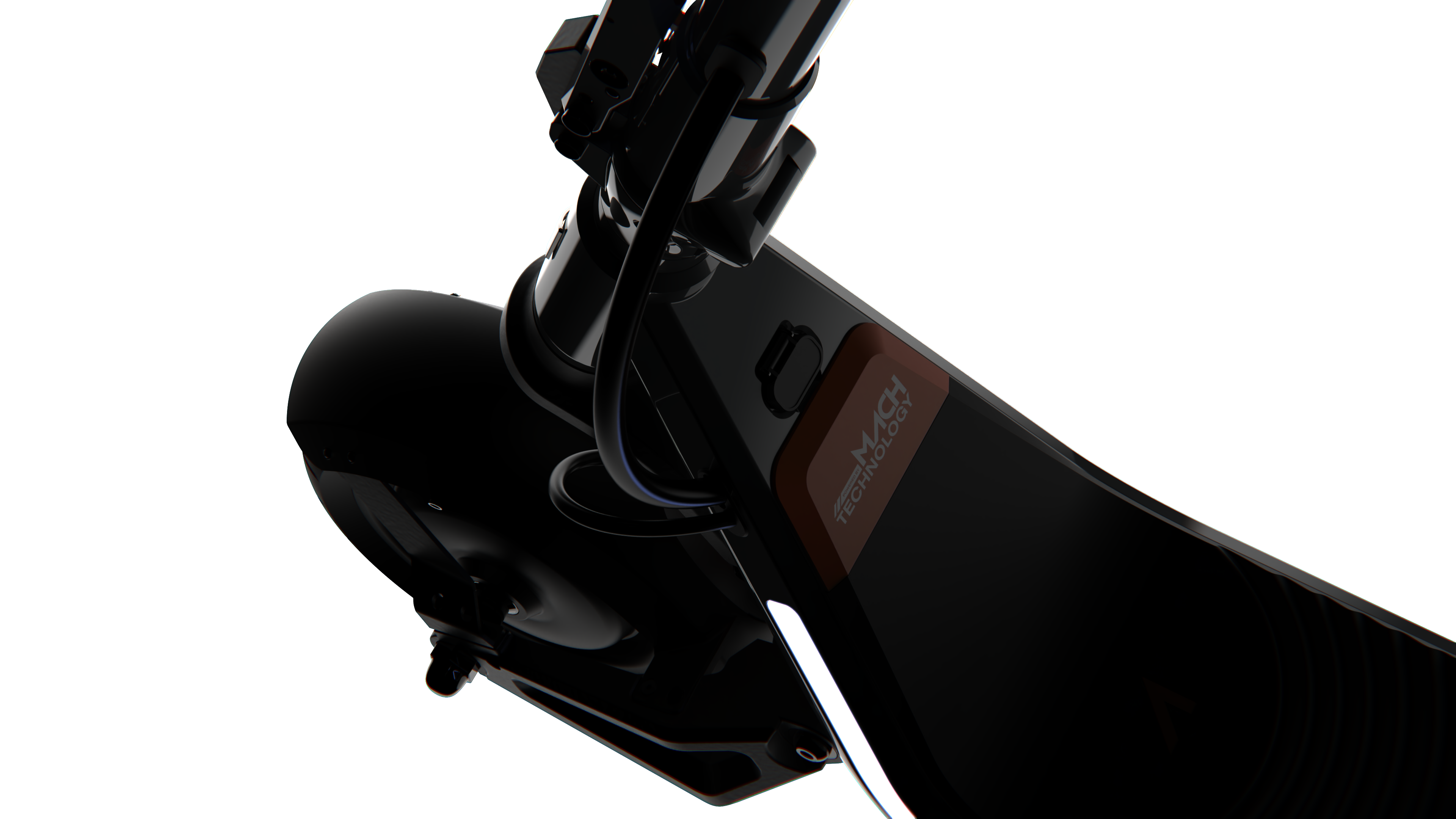 Close-up of a black scooter handlebar with visible branding on a white background