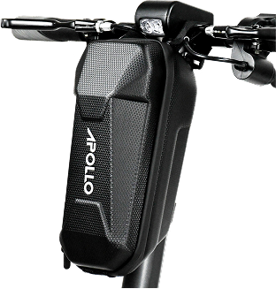 Front view of Apollo e-scooter in black, focus on carbon fiber textured handlebar bag.