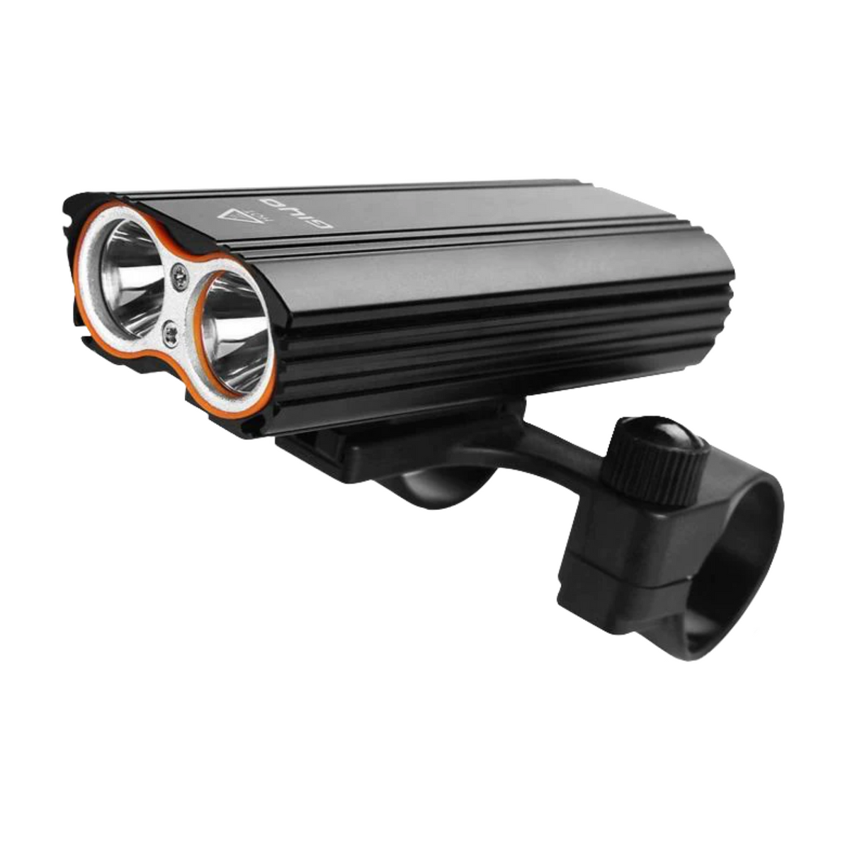 Black rechargeable head light for biking with orange and silver details attached to a black arm