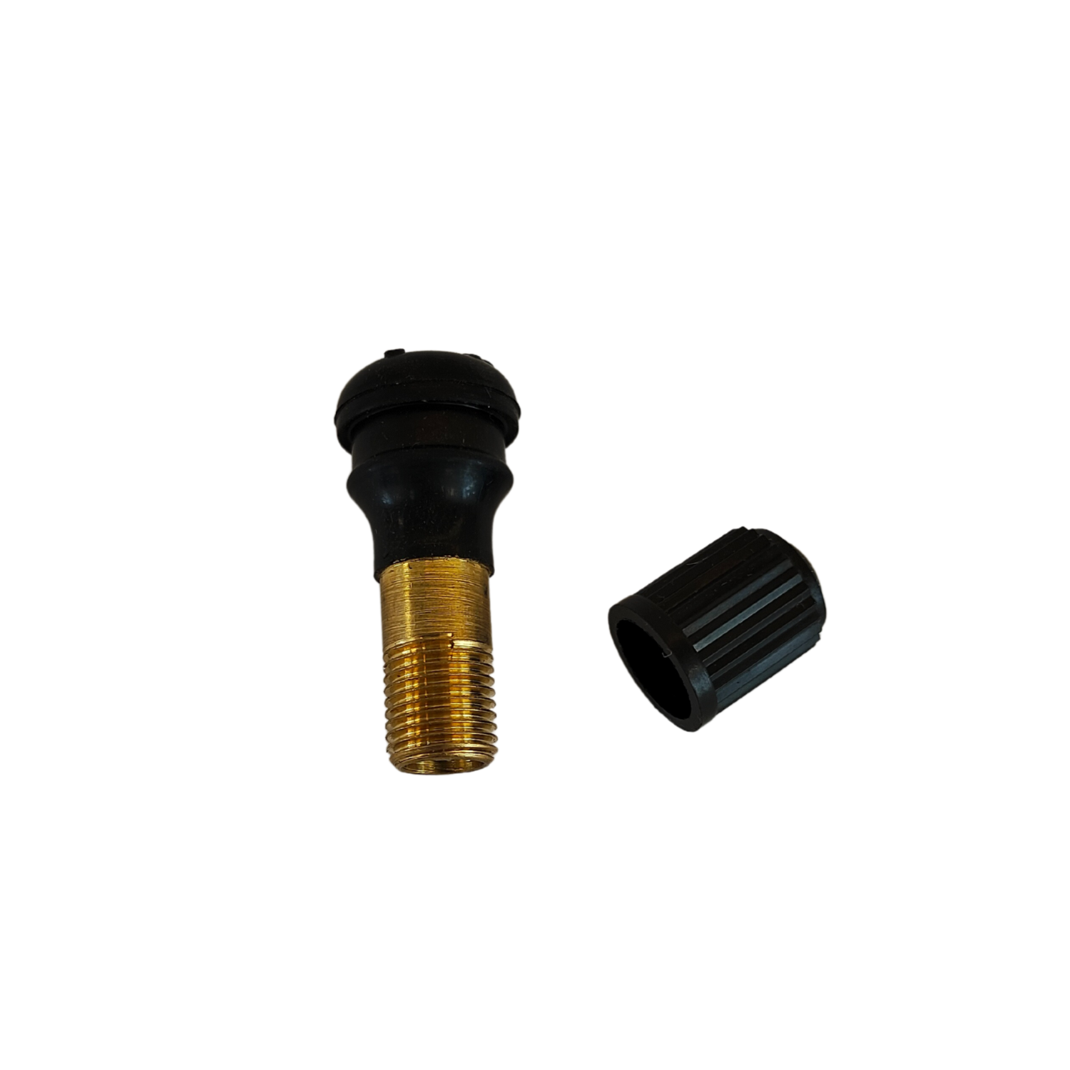 Black tire valve stem with golden brass brass core shown on a black background