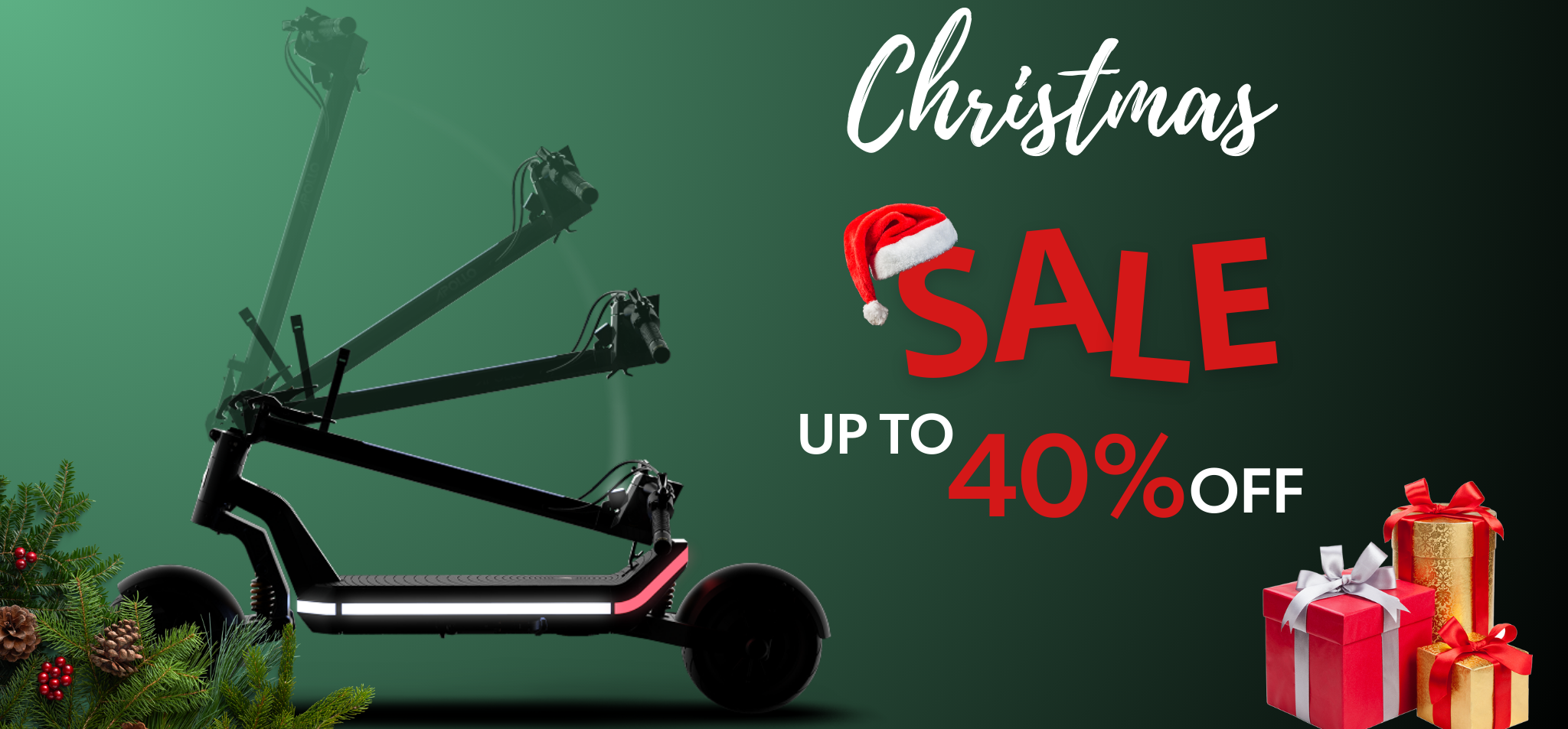 Black scooter with Christmas sale text and decorations on a green background