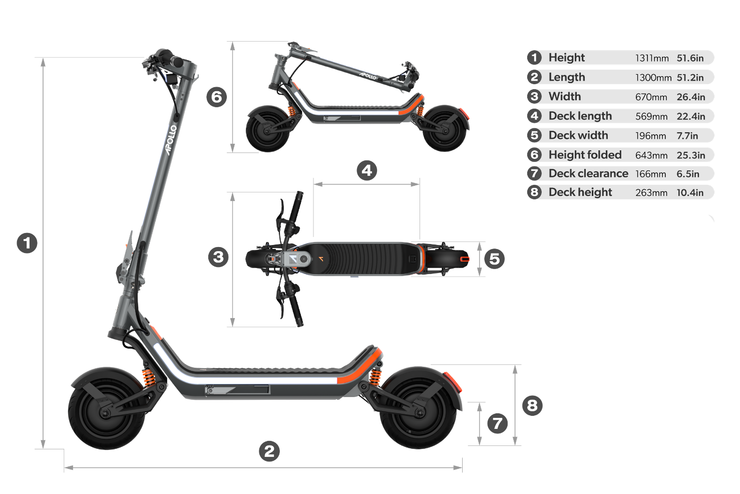 A technical dimension diagram of an electric scooter showing multiple views with measurement callouts and a size specification table on a white background.