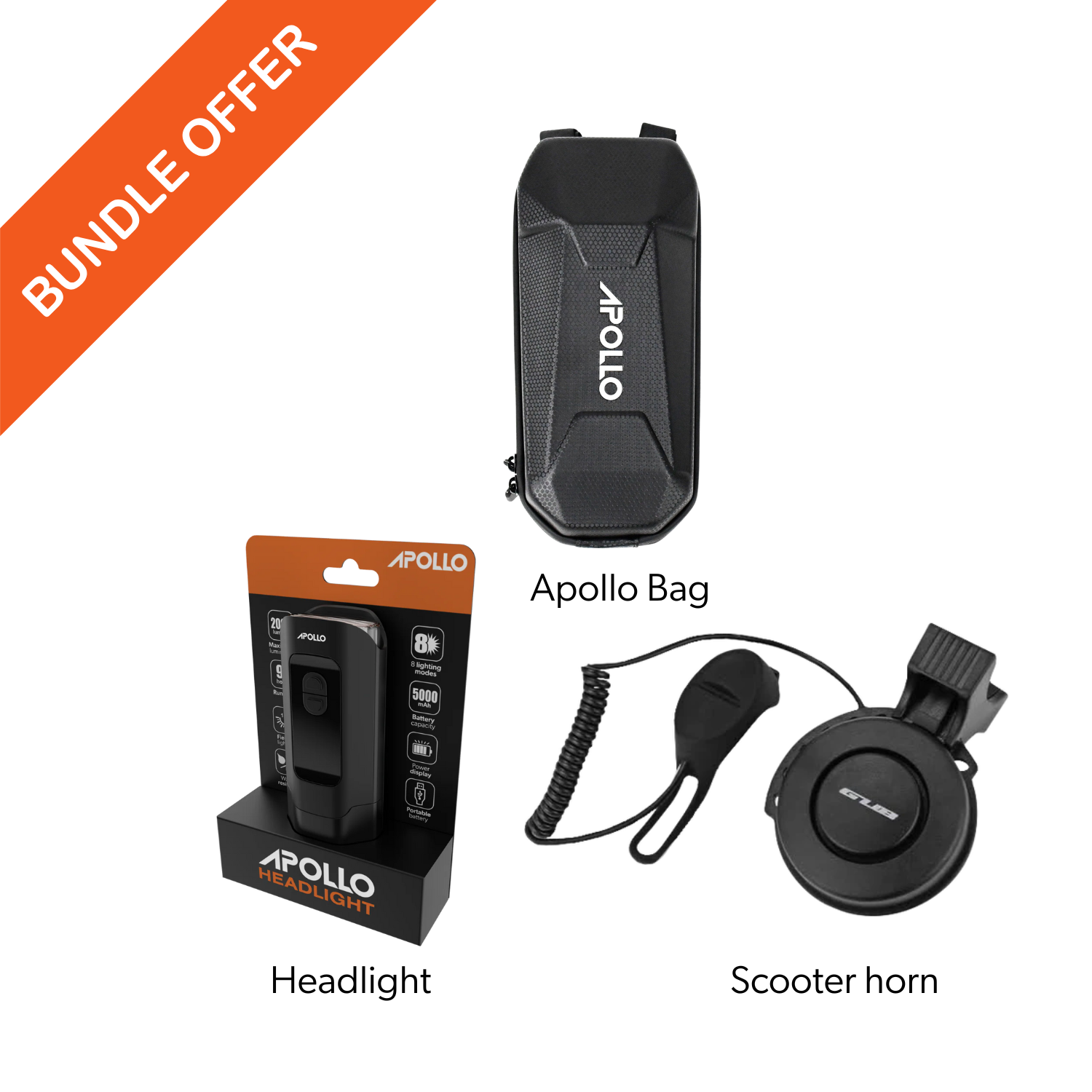 Bundle offer includes Apollo brand flashlight in black color and head light attachment, black protective pouch and cord handle.