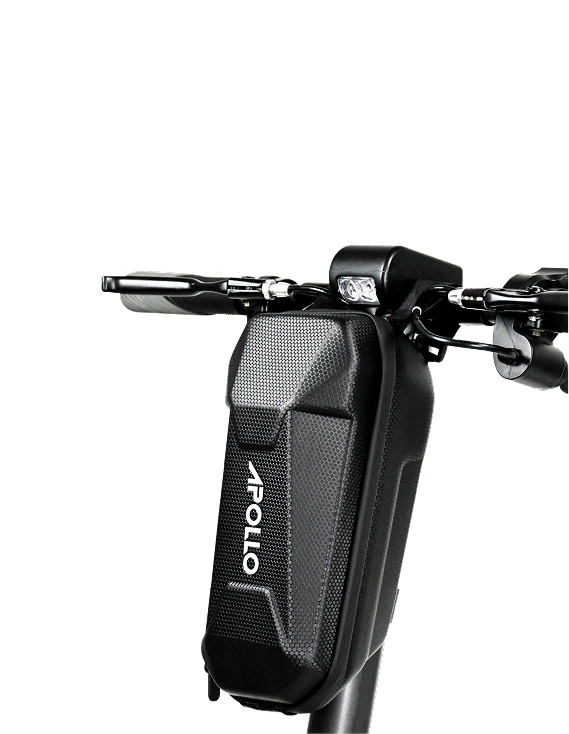 Close-up of a black Apollo scooter handlebar with a white background and an Apollo bag