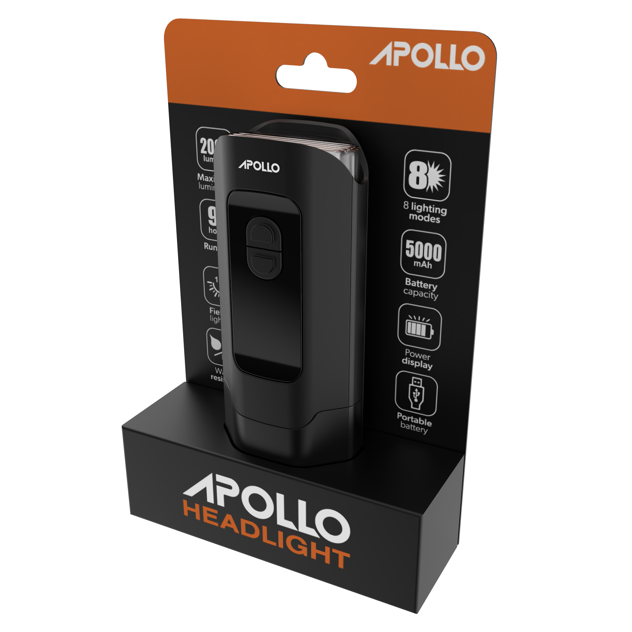 Apollo head light package shown on white background with product details like Max light 20 lumen, waterproof, run 9 hours, battery capacity 5000 mAh, portable battery, 8 lighting modes and power display
