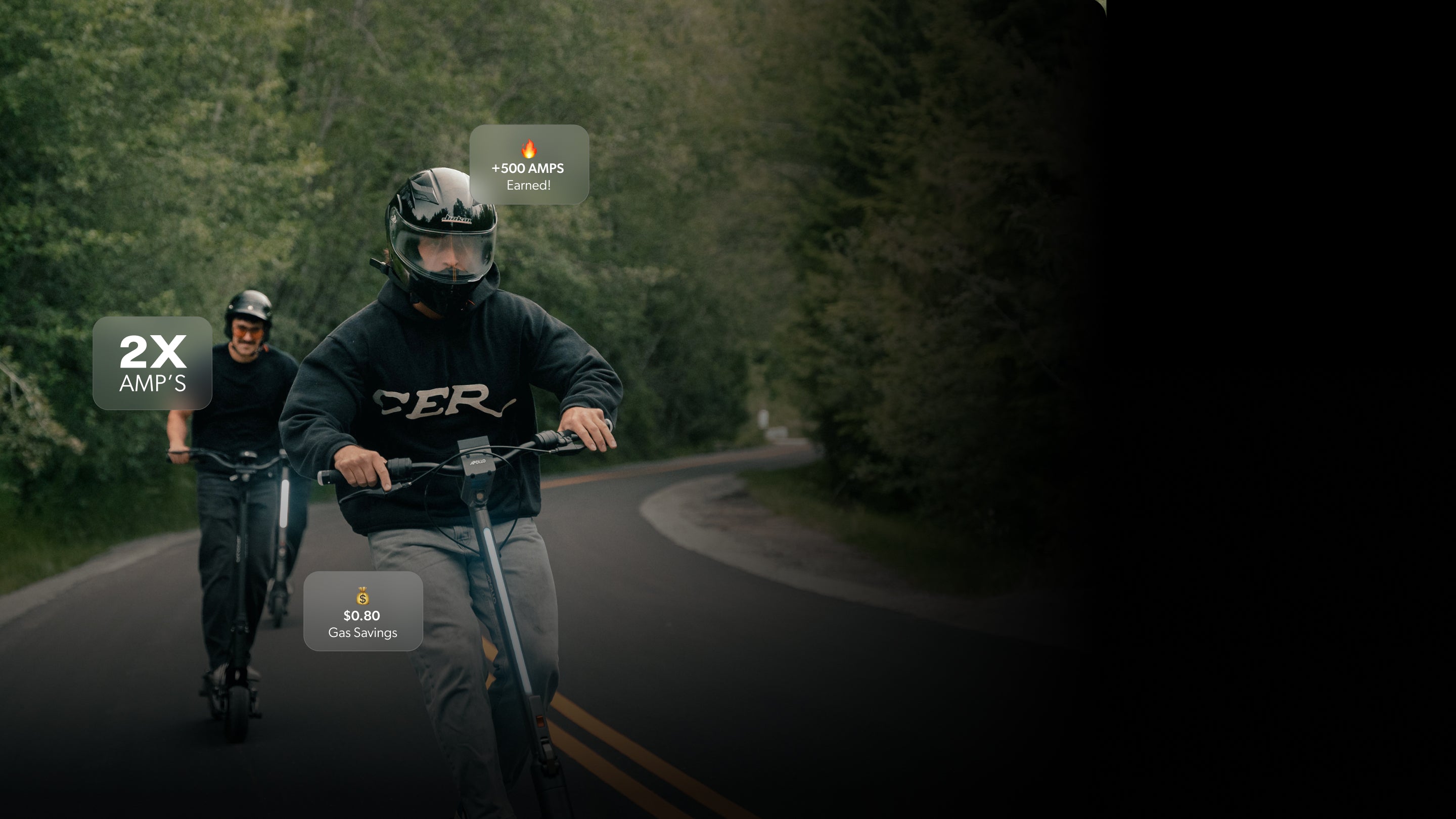 Electric scooters' benefits: longer range, 500 AMPs, and gas savings showcased in an image with two individuals riding one