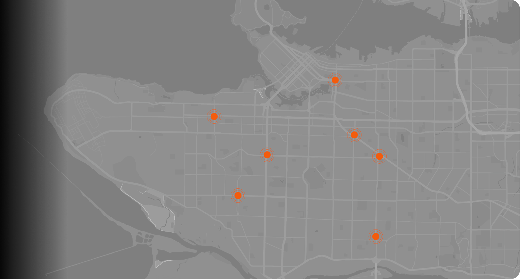 An overhead map showcasing seven designated drop zones marked by distinctive yellow circles against a predominantly black background.