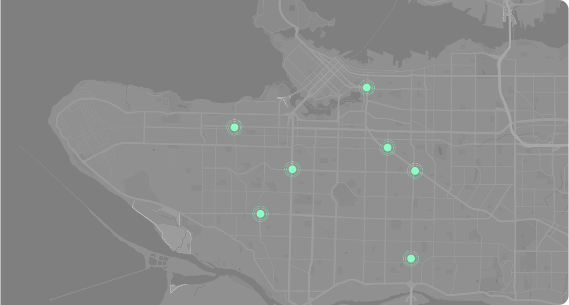 Map of a city with green markers indicating locations of repair shops