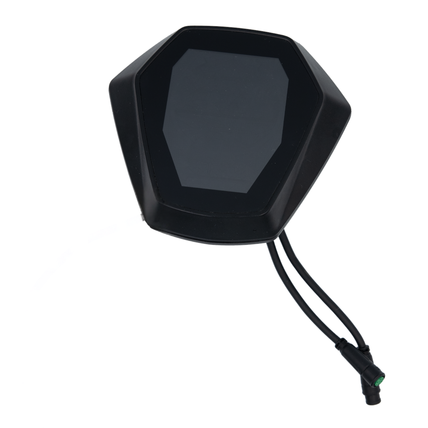 Black octagonal electronic device on black background, with green light and electronic connectors at bottom.