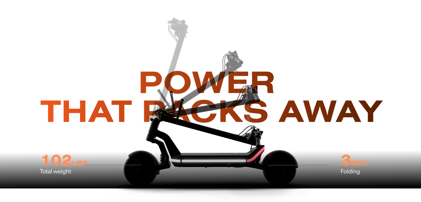 A black scooter displayed on a black background emphasizing its light weight of 102 lbs and its ability to fold in 3 seconds.