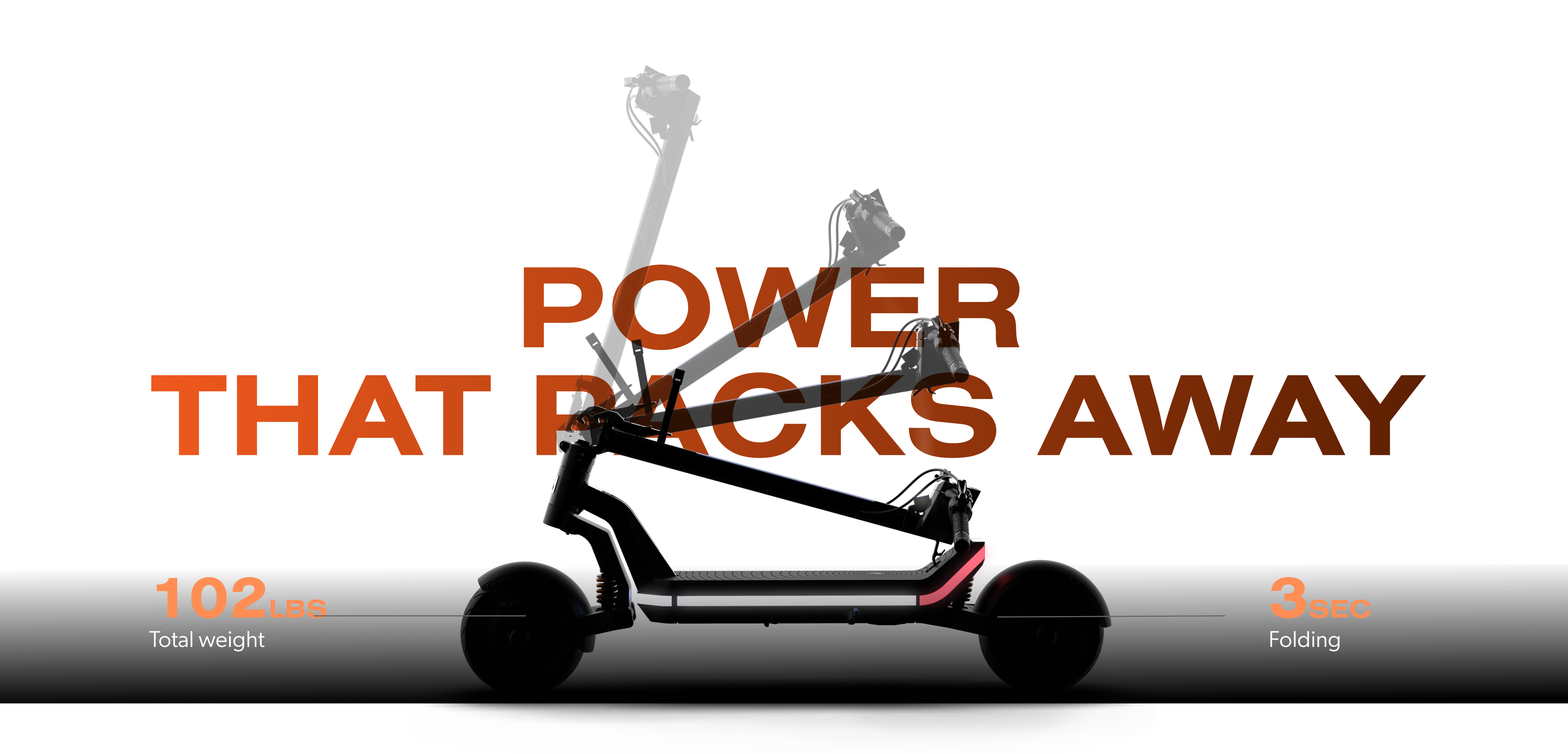 A black scooter displayed on a black background emphasizing its light weight of 102 lbs and its ability to fold in 3 seconds.