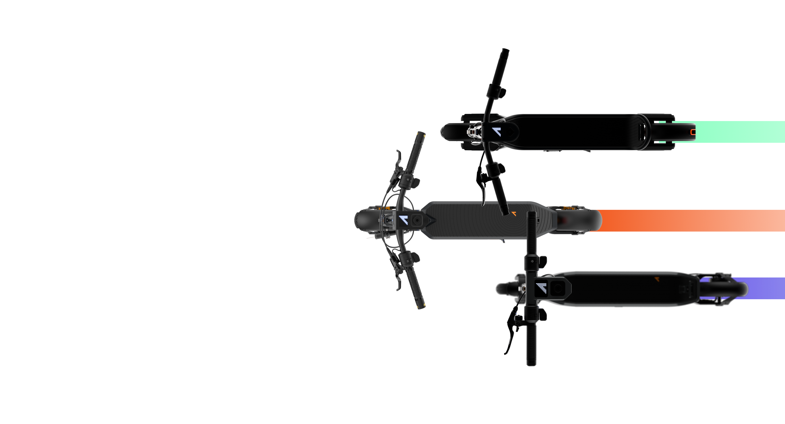 Three electronic scooters of different colors, including green, orange, and blue, displayed on a black background.