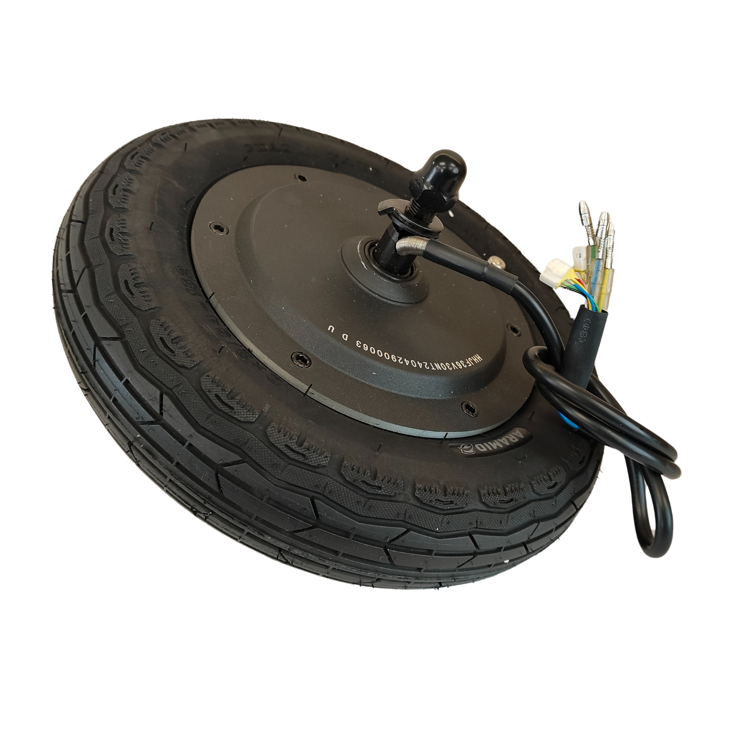 Electric scooter wheel featuring a high density rubber tire with wire connector attached to central metal piece