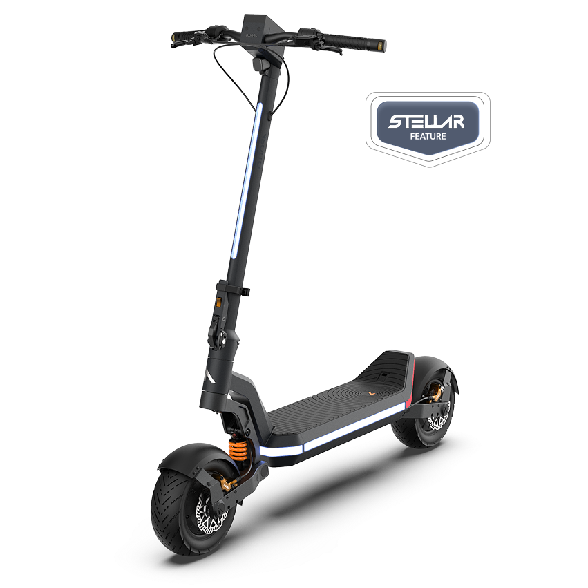 Black electric scooter with Stellar logo on a white background