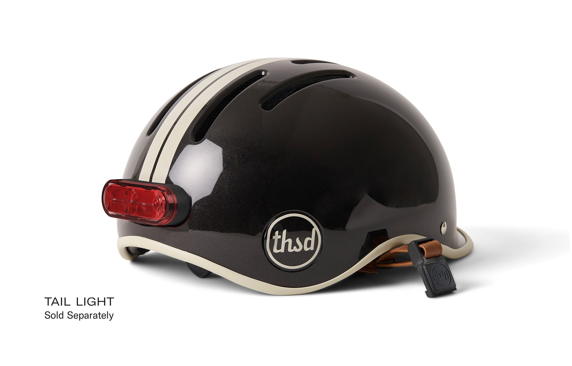 A black retro bicycle helmet featuring a white stripe and red indicator light