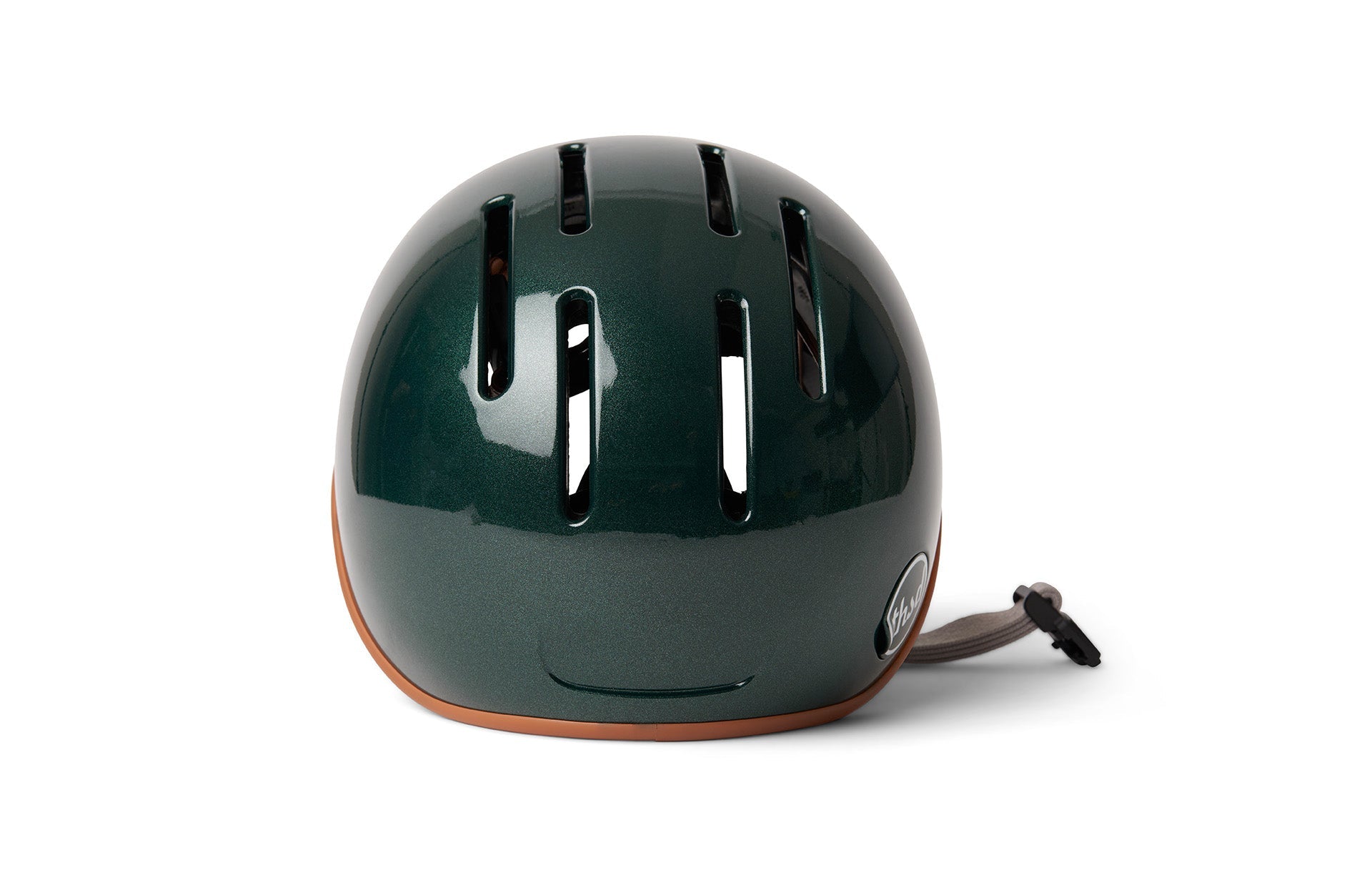 A black matte finish bicycle helmet with a brown leather strap isolated on white