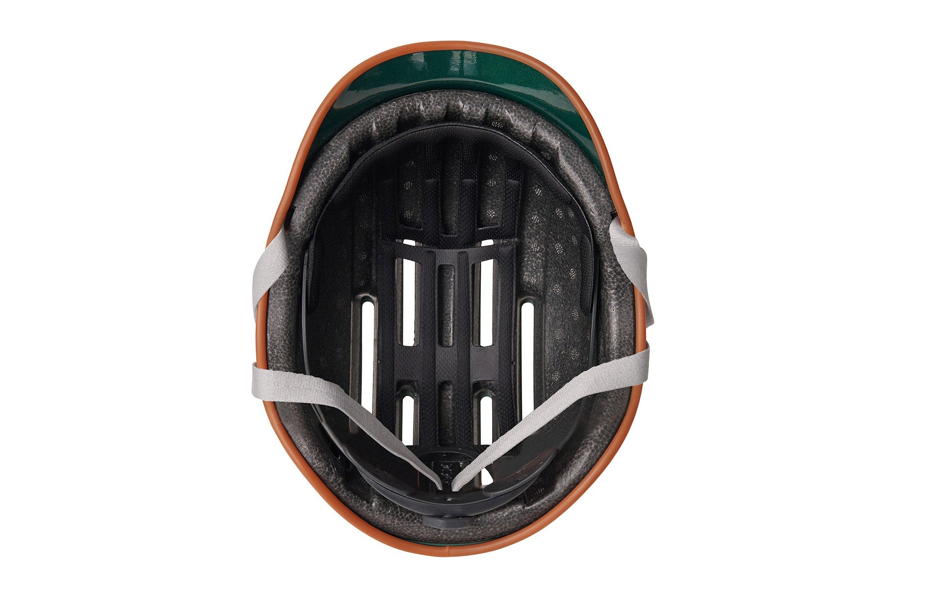 cycling helmet with brown trim green top side black straps open holes closeup side view white background