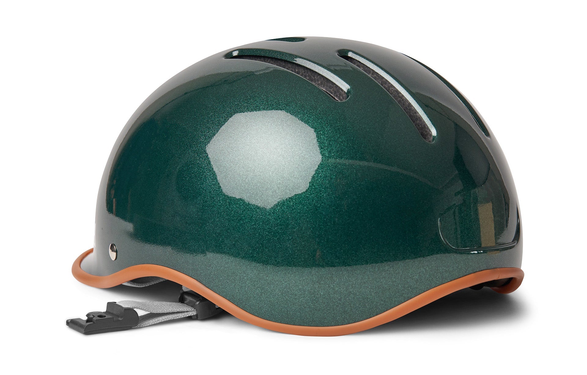 green colored bike helmet with orange trim on visor isolated on white background