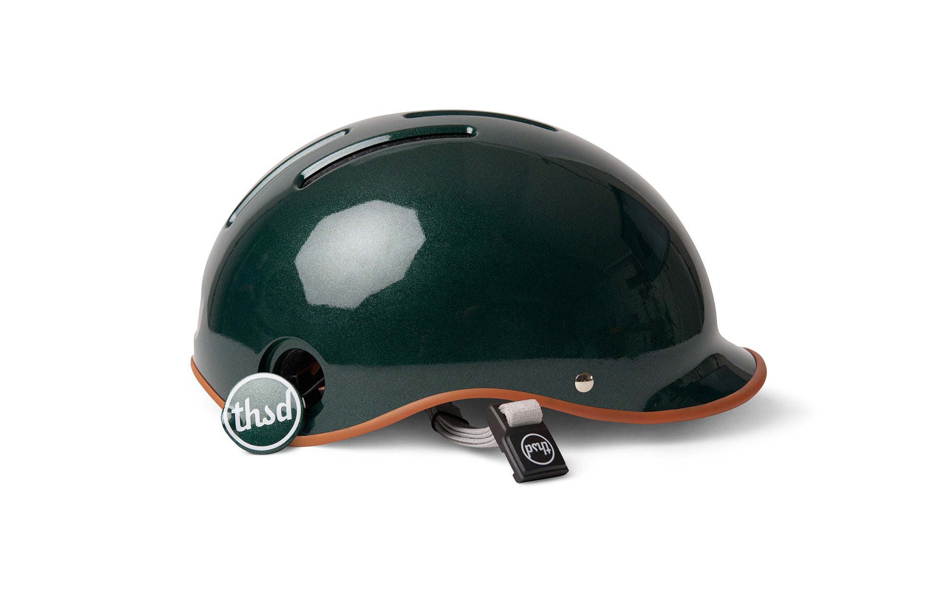 Dark green shd classic helmet with dark brown band and black buckle and logo on a white background