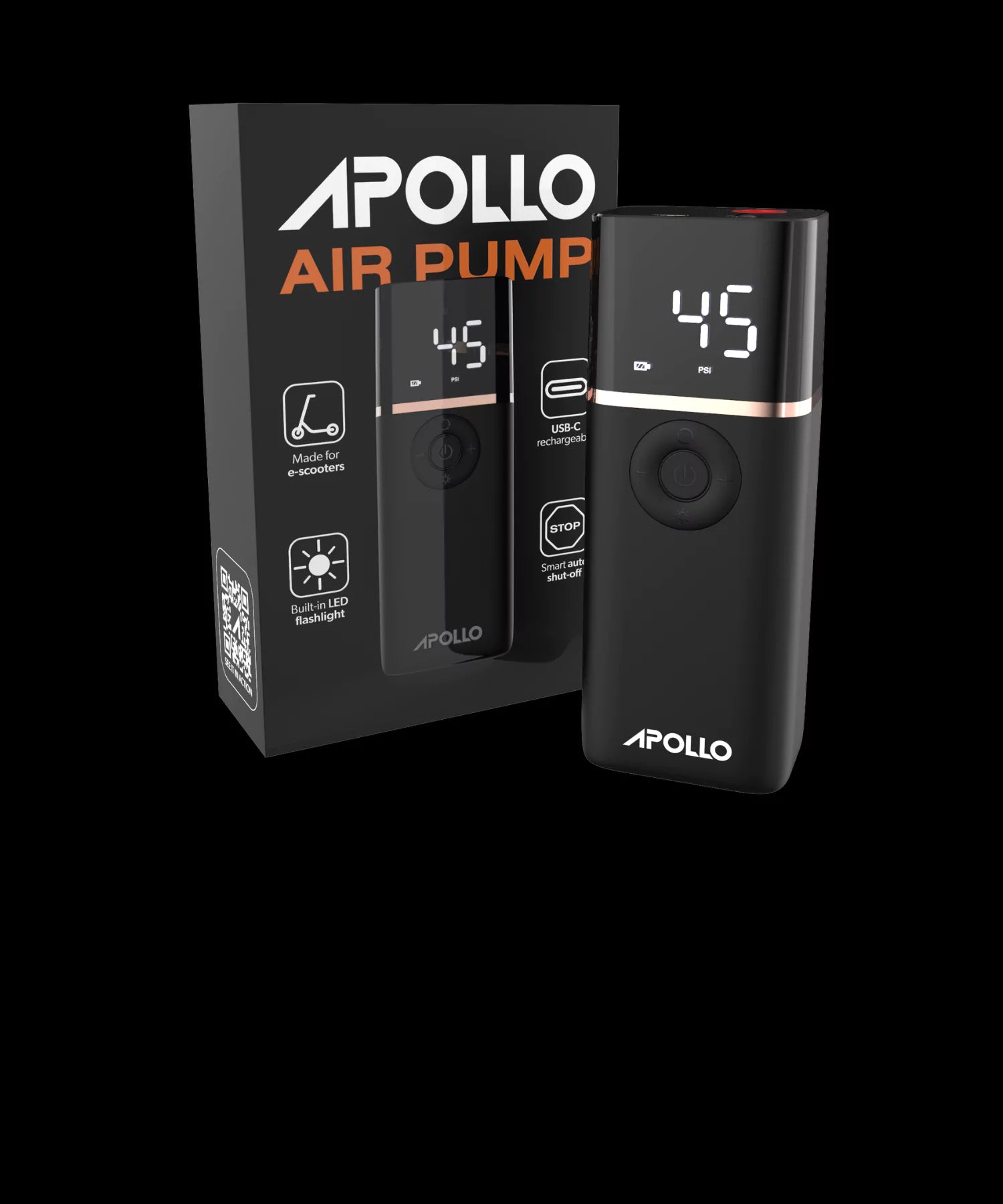 The Apollo USB-C rechargeable E-Scooter Air Pump with an LED flashlight and smart shut-off.