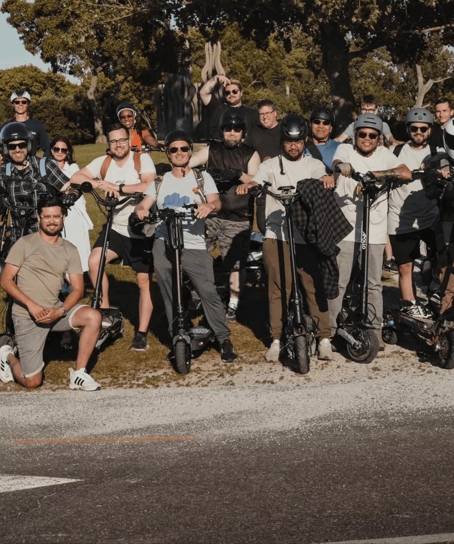 Group photoshoot with electric scooters during a ride or tour in San Antonio.