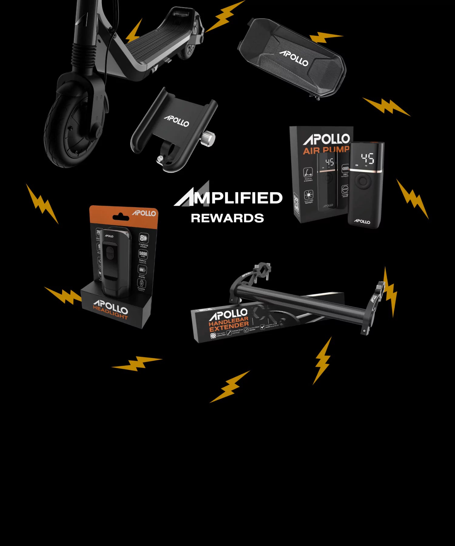 Varying Apollo Scooters electric scooter products and accessories to gain rewards for purchasing.