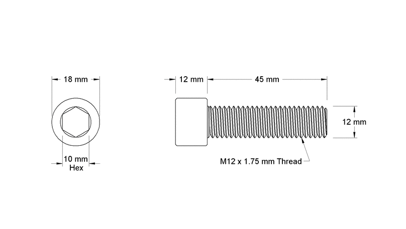 Illustration of screw dimensions, including hex diameter, length, and screw thread