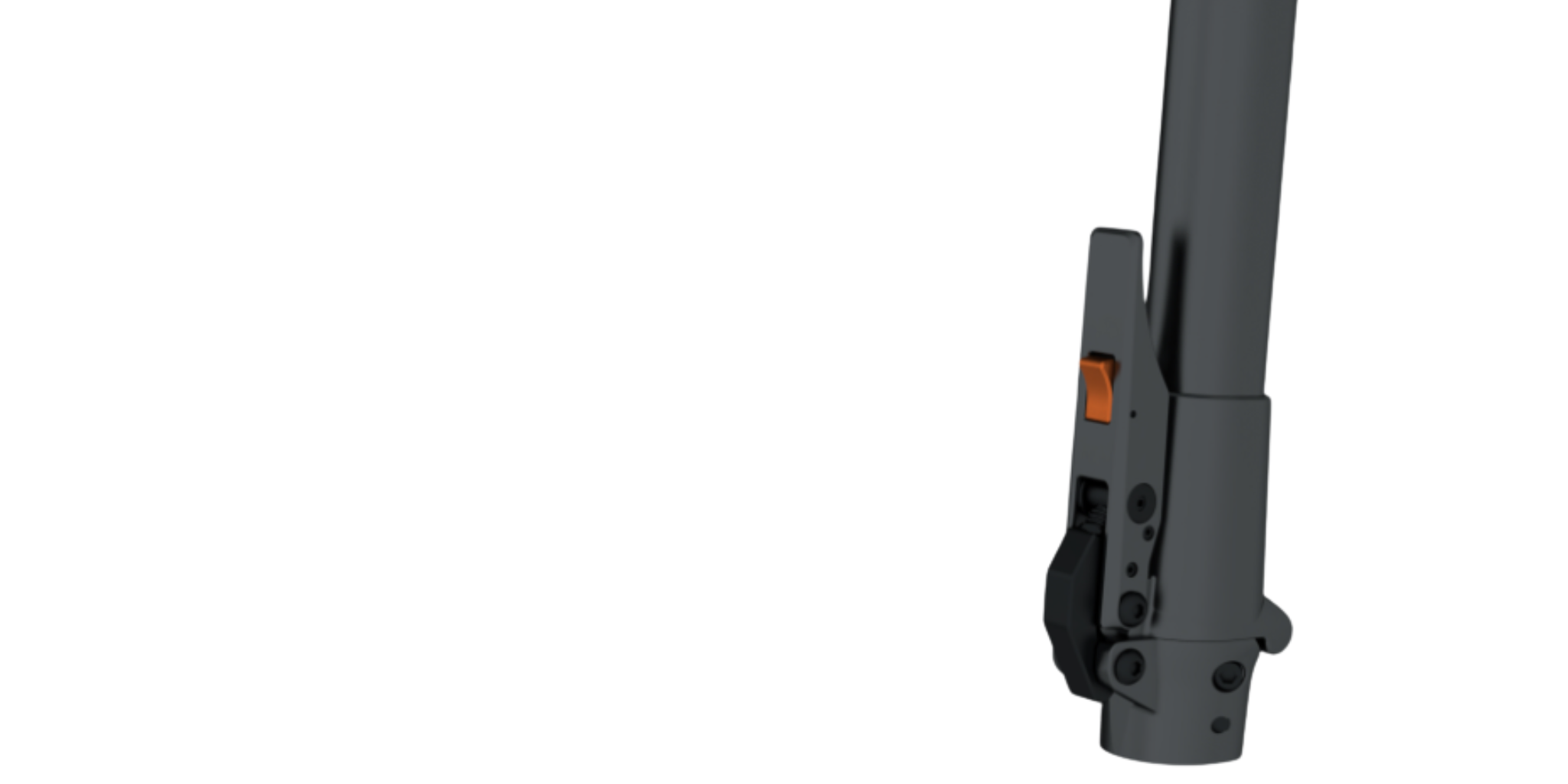A black firearm with an orange switch shown from the rear side