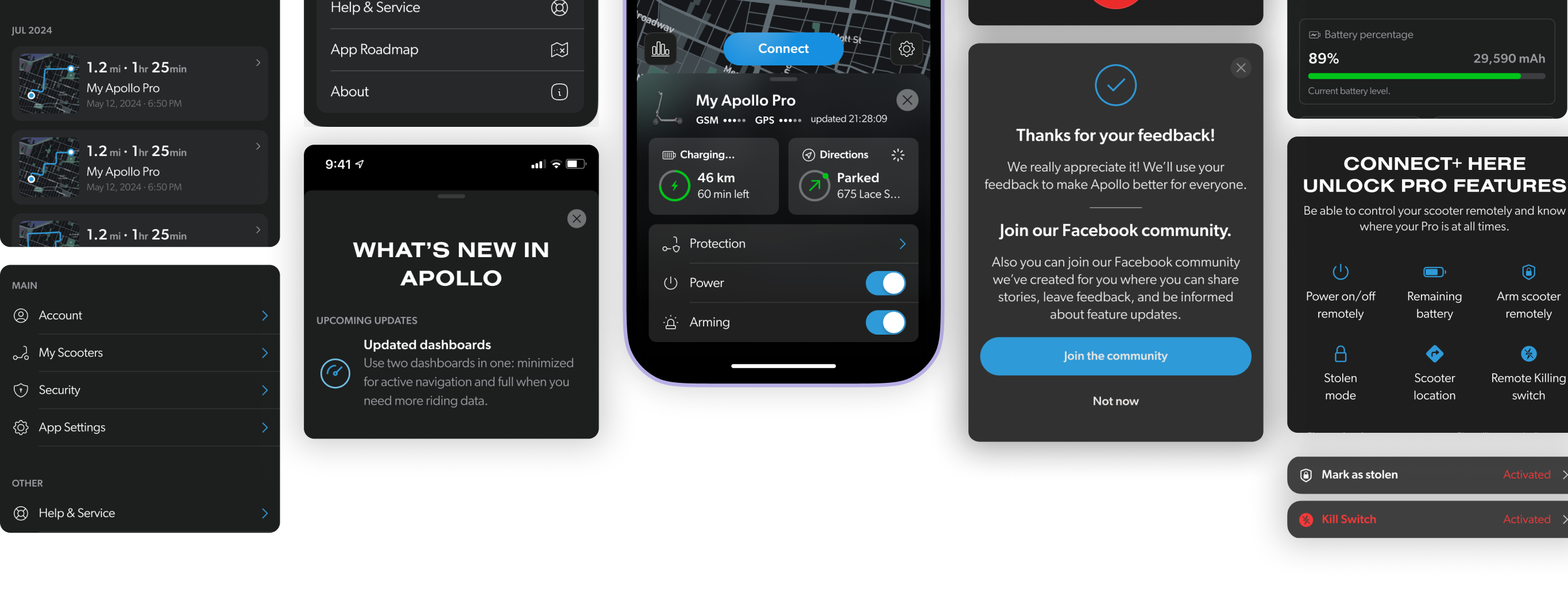 Collection of mobile screenshots displaying navigation and feature menus across Apollo Pro app