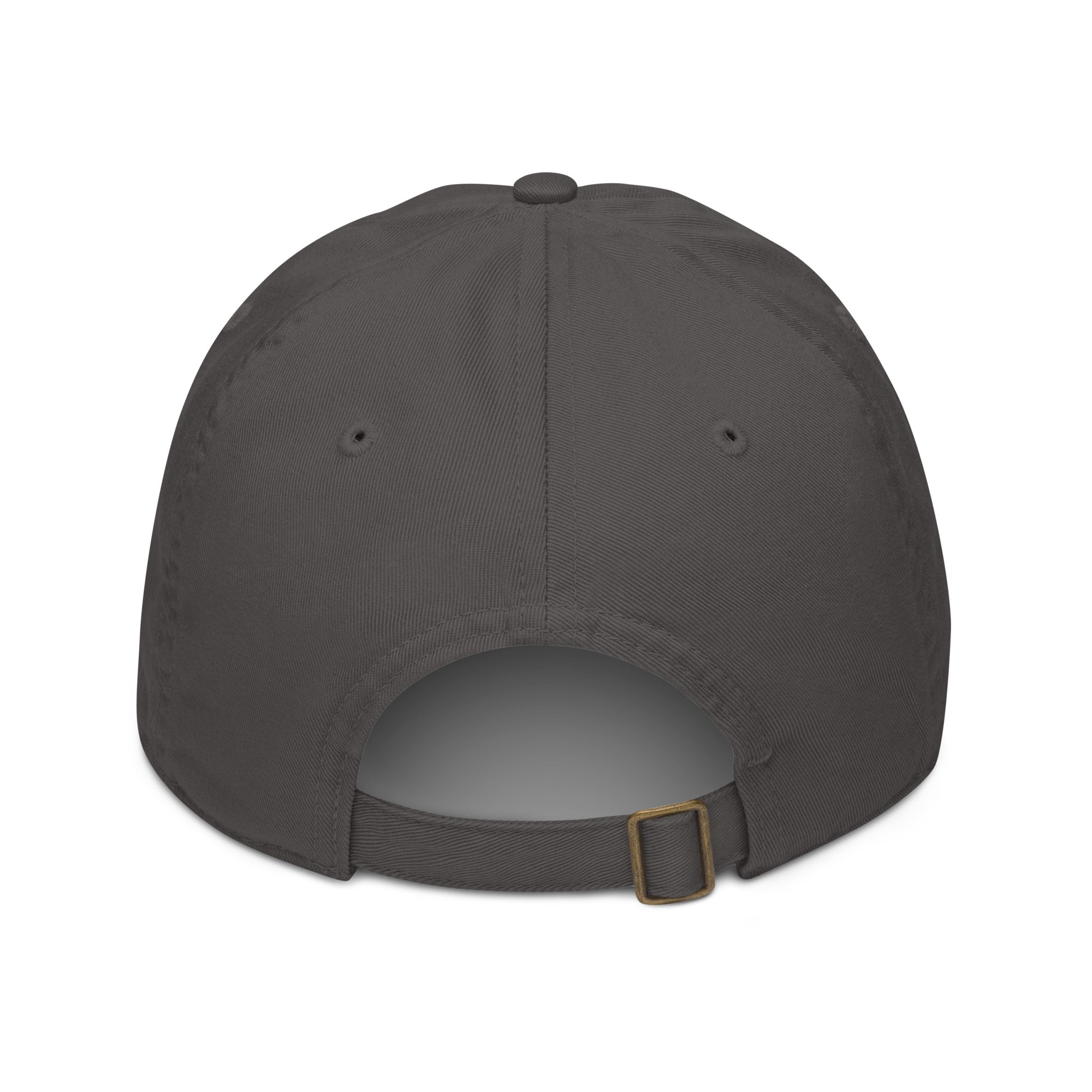 back close up of a gray baseball cap with dark grey visor, brass buckle, and gray under-brim