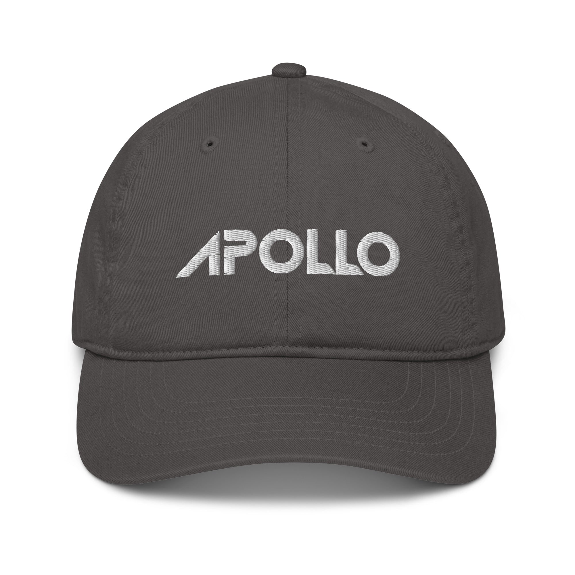 An Apollo logo with gray fabric black cap on the top