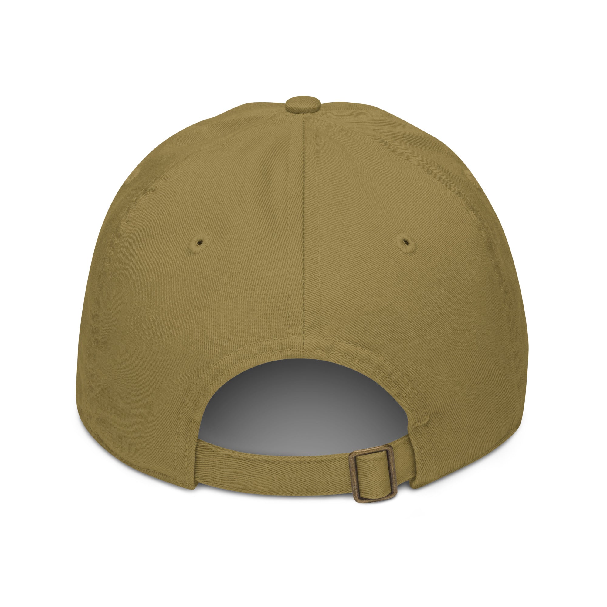 Military Khaki Bucket Hat with White Embroidery on a plain White Background, showing the rear and side, and adjustable chin strap.
