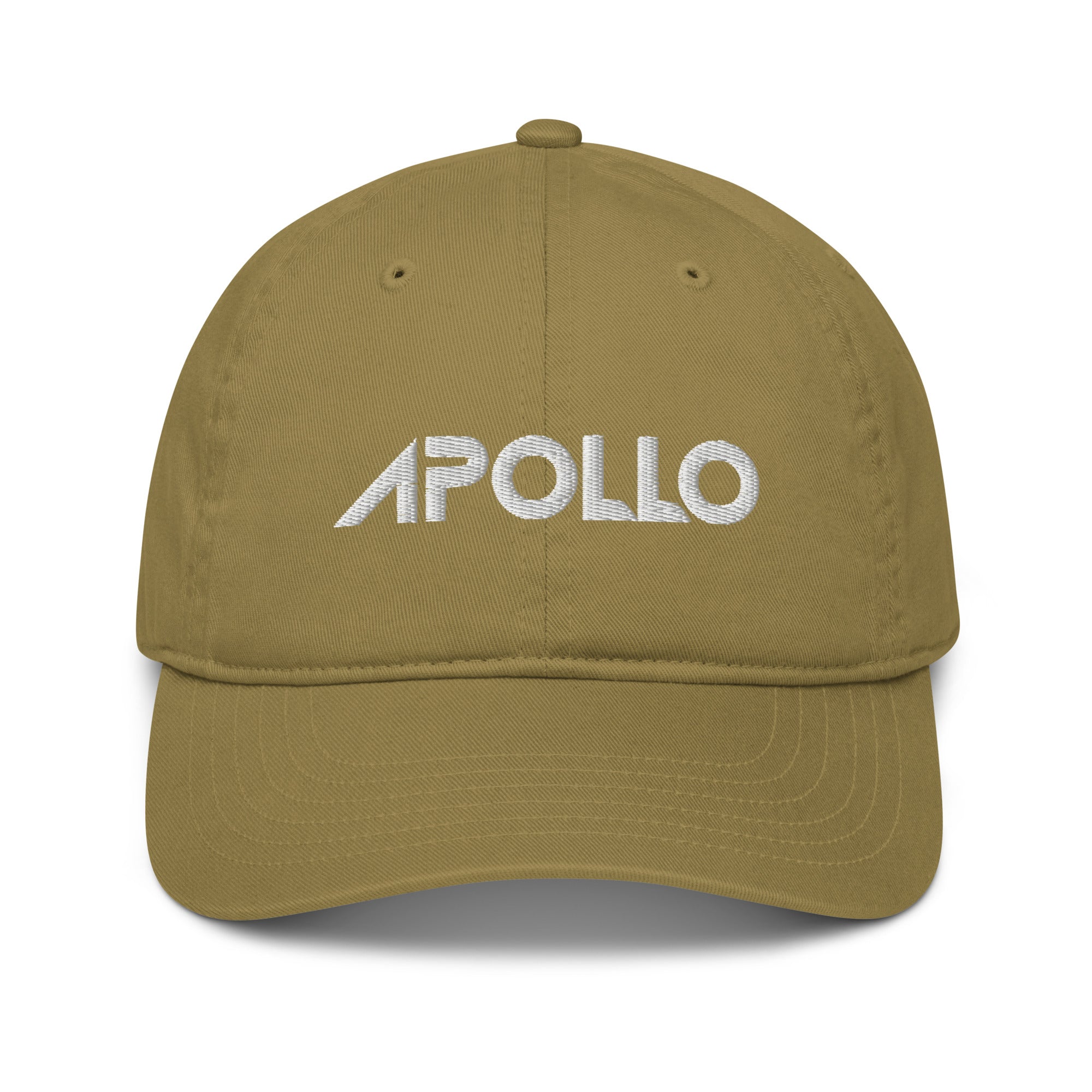 Olive green baseball cap featuring the word Apollo embroidered in white