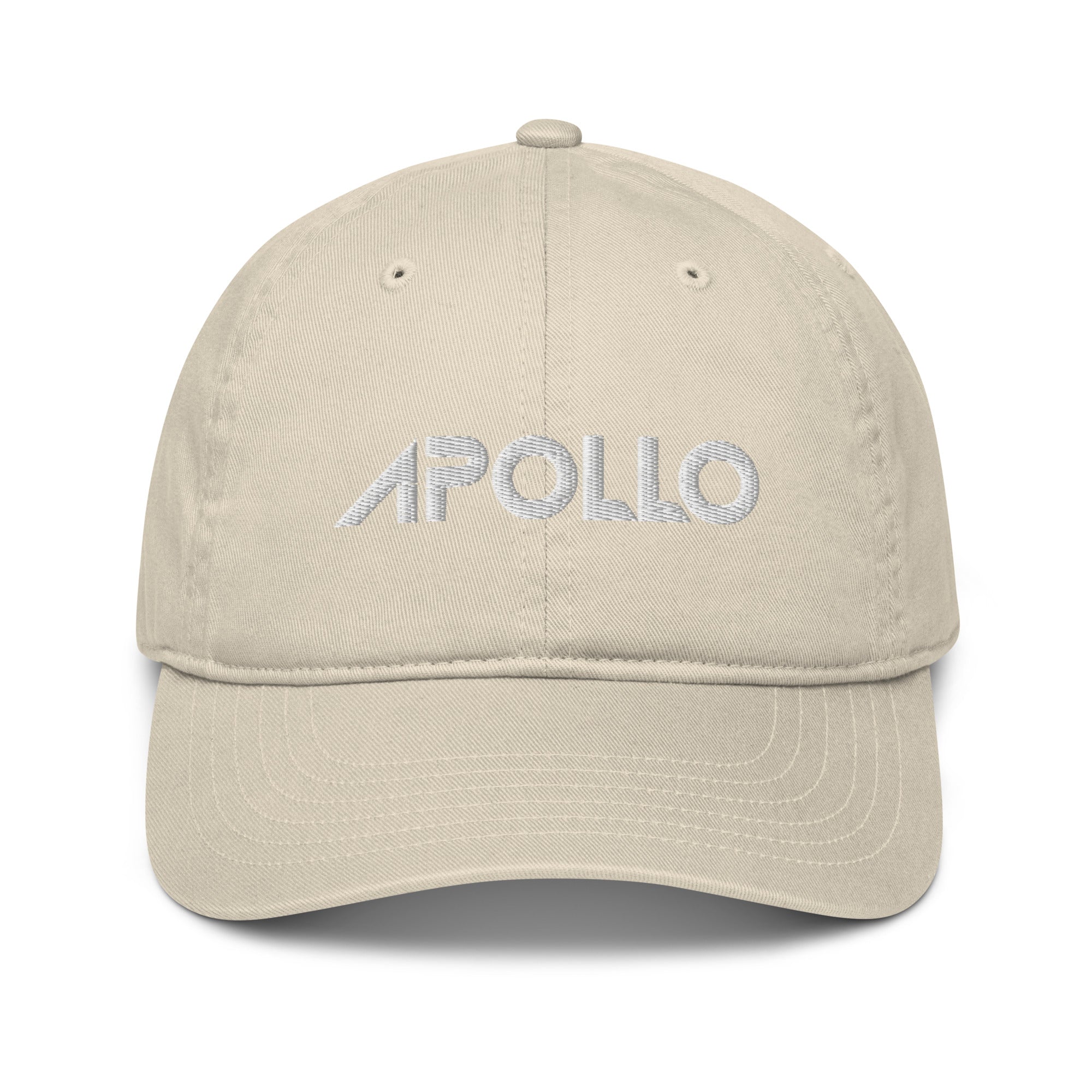 High quality embroidered gold text Apollo logo logo on a flat brim heathered twill baseball hat in off white or natural gray