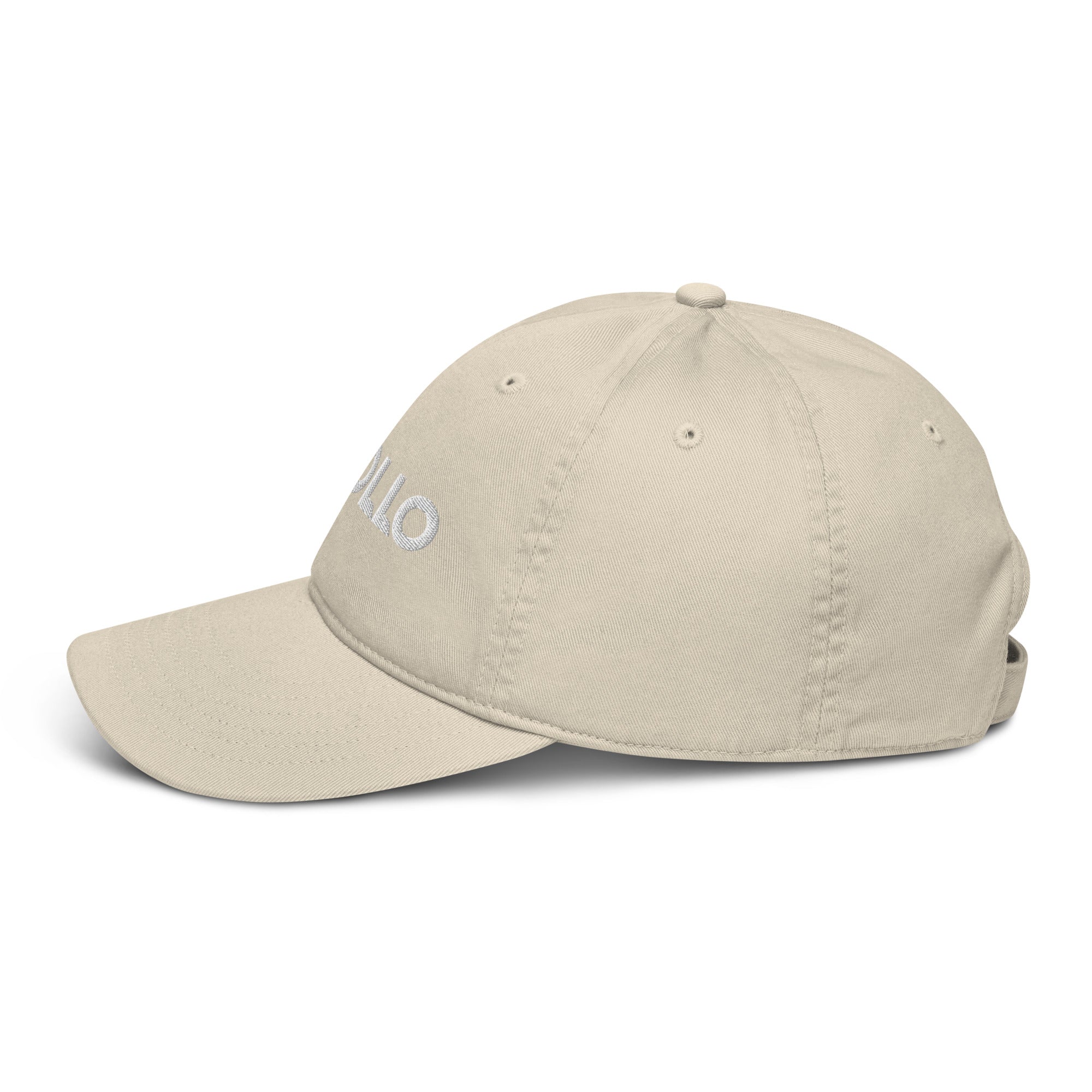 Khaki cotton dad hat with stitched-on white MILO embroidery - side view