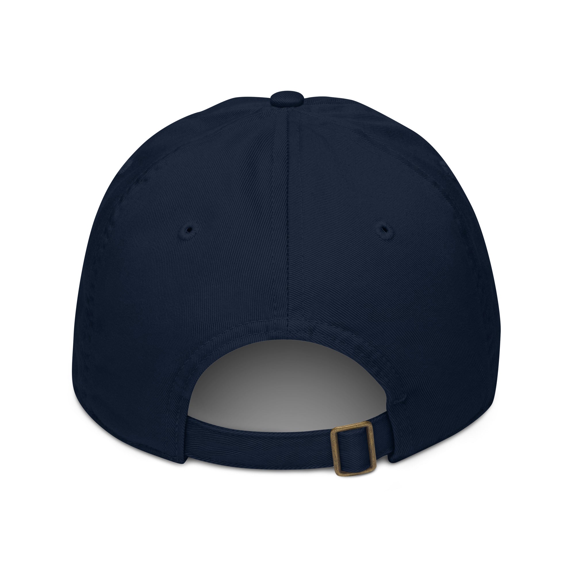 Navy navy cap with gray inner, brass buckle, and button on front